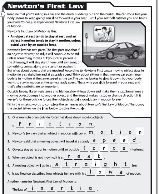 Newton S First Law Of Motion Worksheet Answers