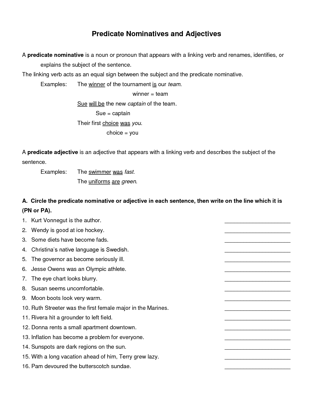 Predicate Nouns And Predicate Adjectives Worksheets With Answers