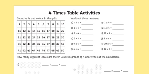 4 Times Table Worksheet   Activity Sheet