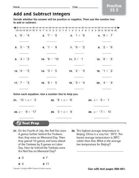 Addition And Subtraction Of Integers Worksheets