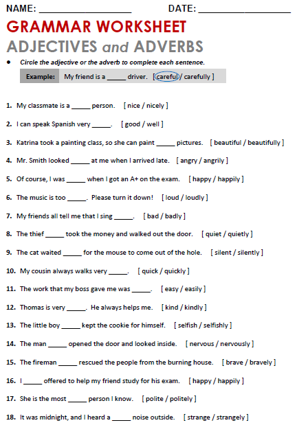 Adjective And Adverb Phrases Worksheets With Answers Free