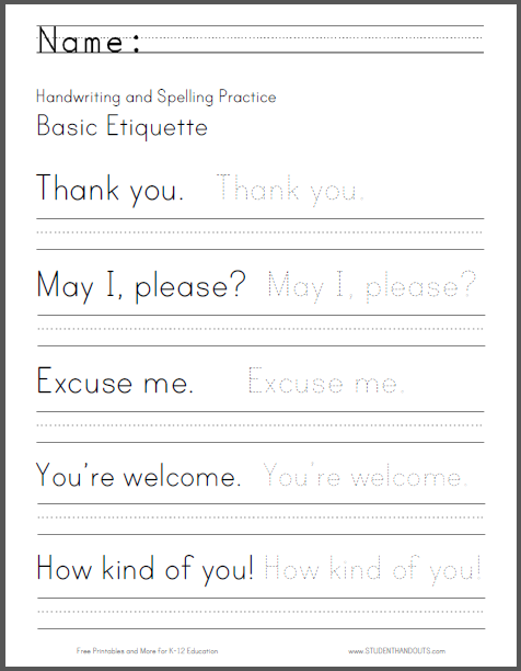 Basic Etiquette Handwriting And Spelling Worksheet