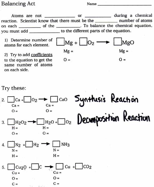 Chemical Equations And Reactions Worksheet