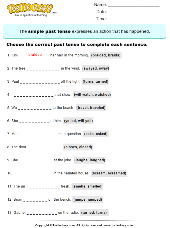 Choose The Correct Past Tense To Complete The Sentence Worksheet