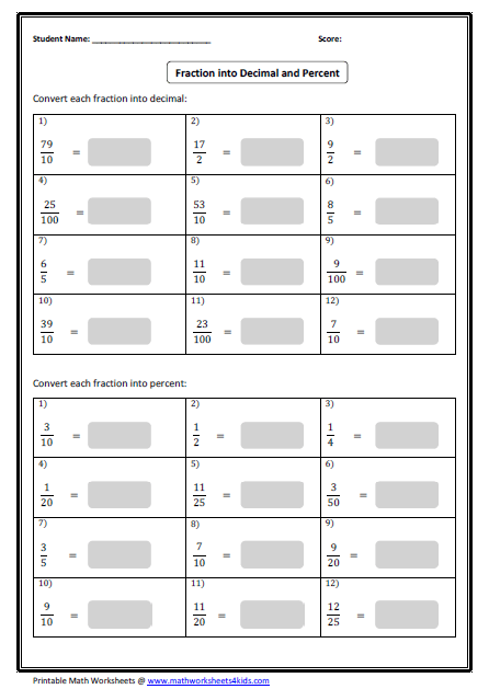 Convert Between Fraction, Decimal And Percent Worksheets