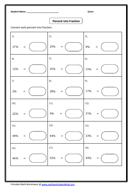 Convert Between Fraction, Decimal And Percent Worksheets