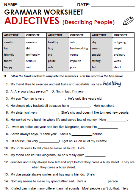 Descriptive Adjectives Worksheet Free Worksheets Library