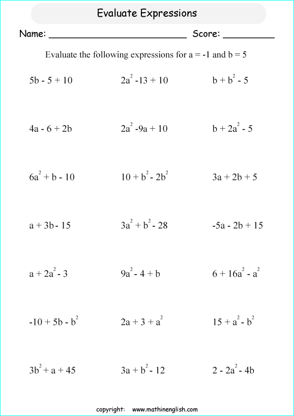 Evaluate Algebraic Equations Given The Value Of The 2 Variables