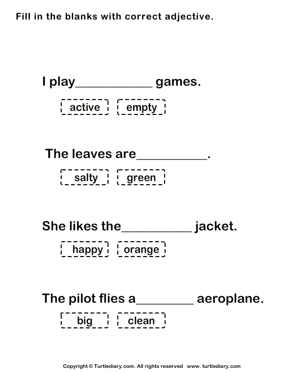 Fill In The Blank With Correct Adjective Worksheet