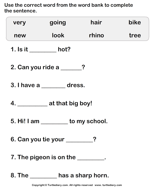 Fill In The Missing Words To Complete The Sentence Worksheet