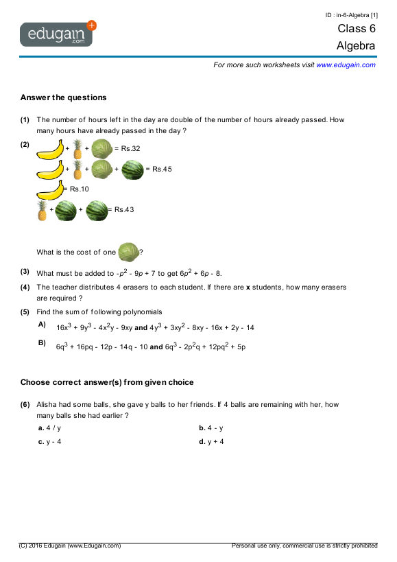 Grade 6 Math Worksheets And Problems  Algebra