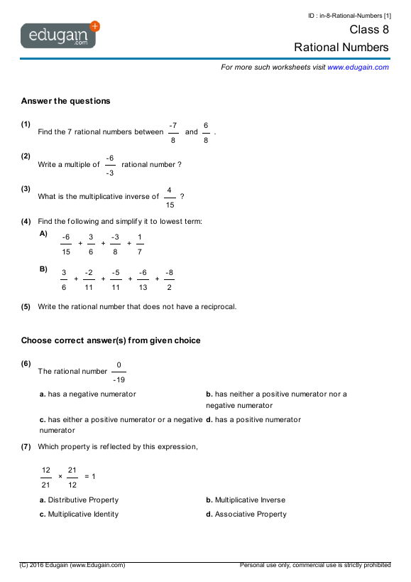 Grade 8 Math Worksheets And Problems  Rational Numbers