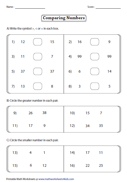 Greater Than Less Than Worksheets