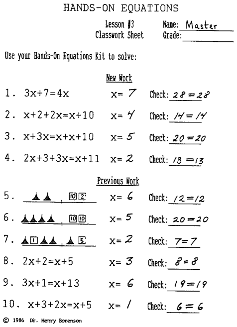 Hands On Equations, Lesson 3 Answer Key