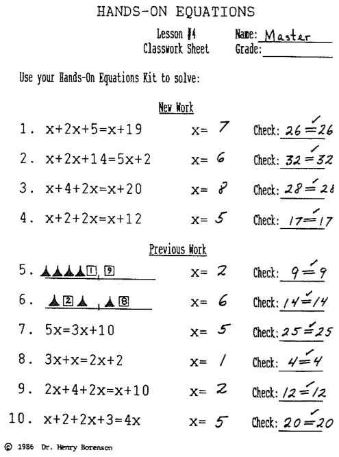 Hands On Equations, Lesson 4 Answer Key