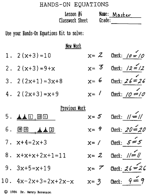 Hands On Equations, Lesson 6 Answer Key