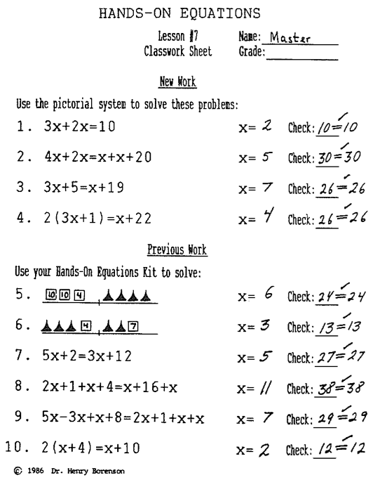 Hands On Equations, Lesson 7 Answer Key