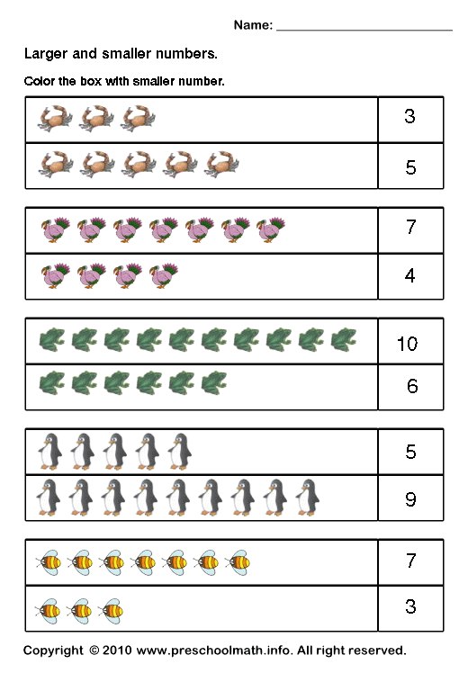 Preschool Smaller Number Math Worksheets With Color Pictures