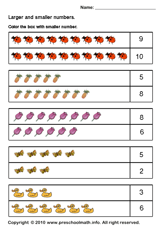 Preschool Smaller Number Math Worksheets With Color Pictures