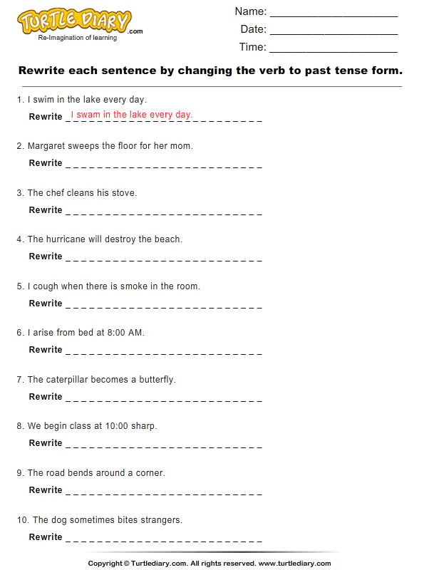 Rewrite Sentence By Changing Verb To Past Tense Form Worksheet