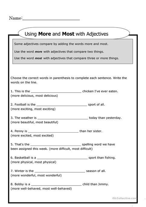 Using More And Most Worksheet