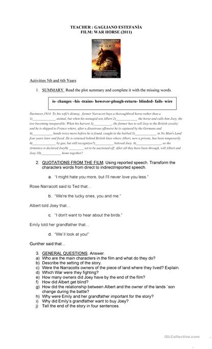 War Horse Film Worksheet