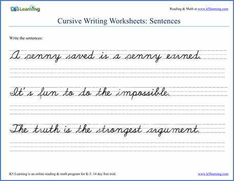 Writing Cursive Sentences Worksheets