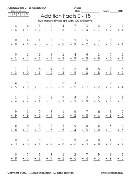 1st Grade Timed Math Drill Sheets  Five Minute Addition 0