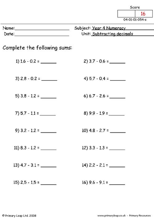 Addition And Subtraction Of Decimals Worksheet Free Worksheets