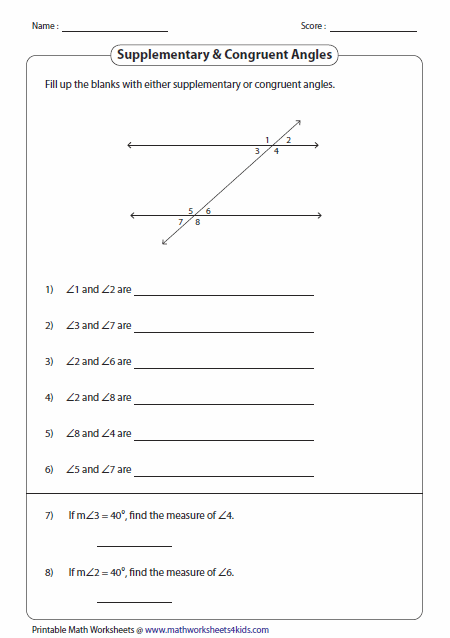 Angles Formed By A Transversal Worksheets