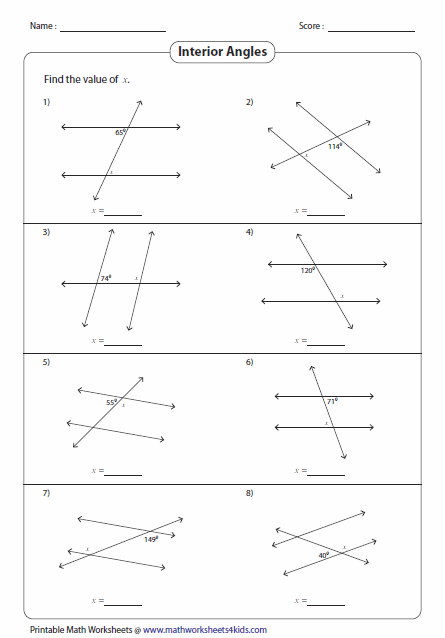 Angles Formed By A Transversal Worksheets