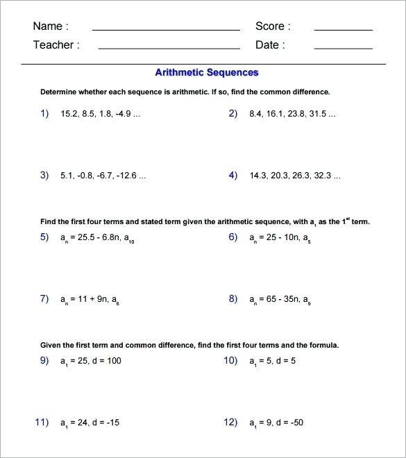 Arithmetic Sequence Worksheet With Answers Arithmetic Sequences