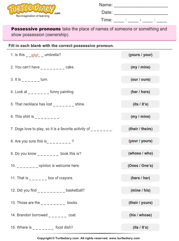 Brilliant Ideas Of Possessive Pronouns Worksheets For Grade 1