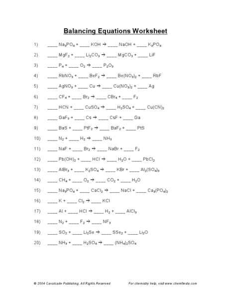 Chemistry Worksheet Balancing Equations Answers Free Worksheets