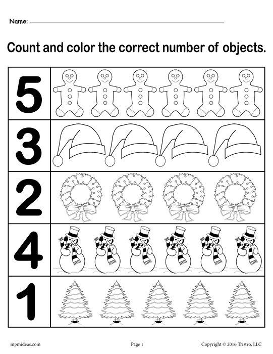 Christmas Themed  Count And Color  Worksheets (3 Free Printable
