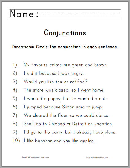 Circle The Conjunctions Worksheet