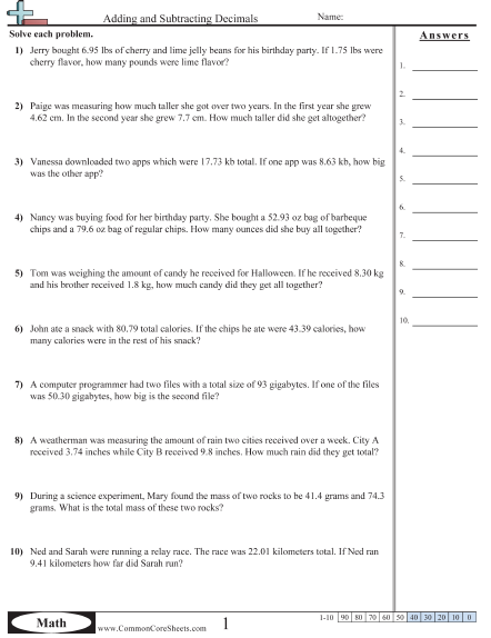 Decimal Worksheets
