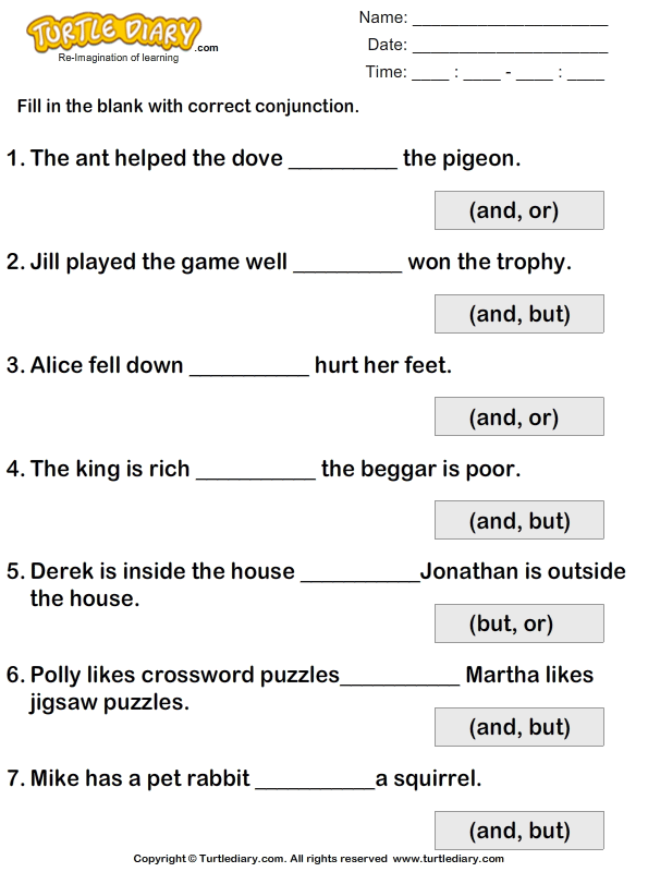 Fill In The Blanks Using Conjunctions But Or And Worksheet