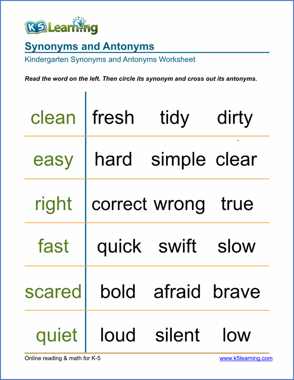 Free Preschool & Kindergarten Synonyms And Antonyms Worksheets