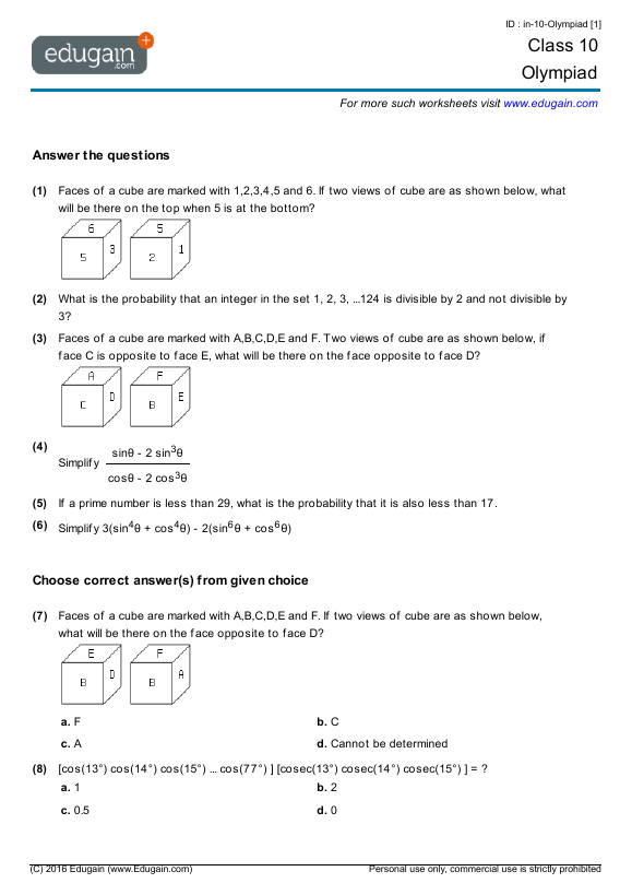 Grade 10 Olympiad  Printable Worksheets, Online Practice, Online