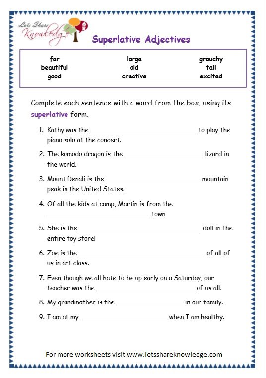 Grade 3 Grammar Topic 15  Superlative Adjectives Worksheets