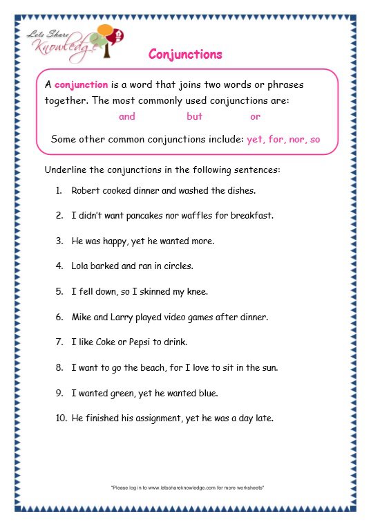 Grade 3 Grammar Topic 19  Conjunctions Worksheets