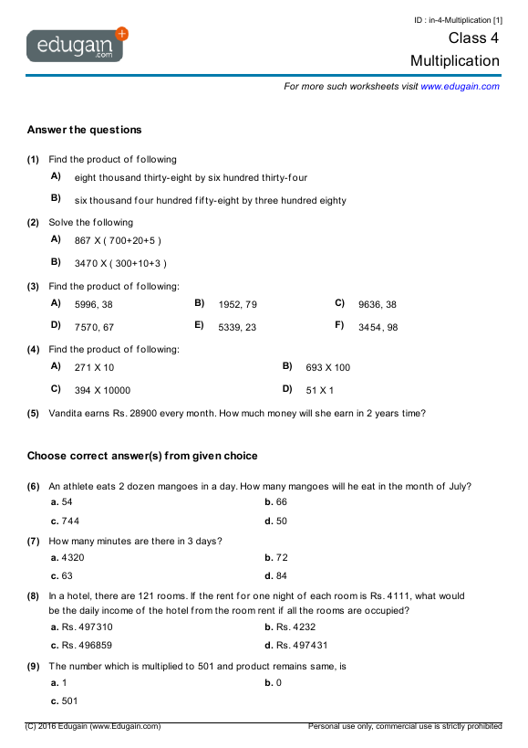 Grade 4 Math Worksheets And Problems  Multiplication