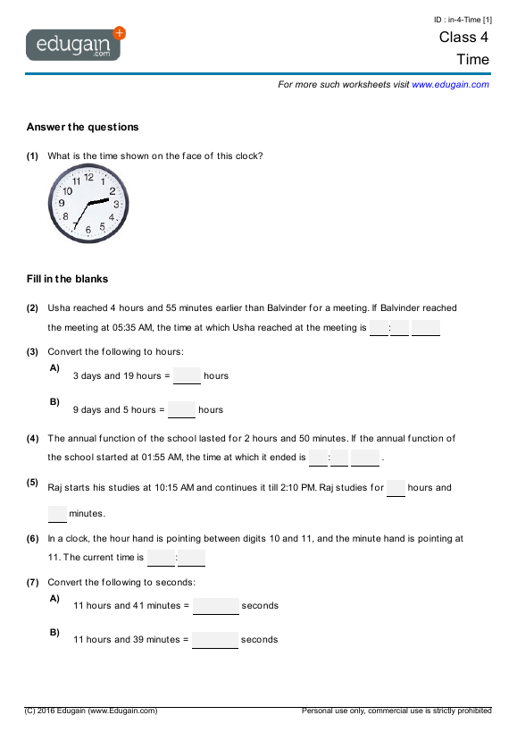 Grade 4 Math Worksheets And Problems  Time
