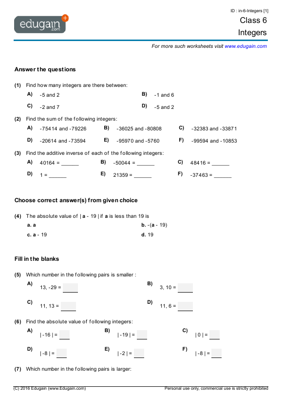 Grade 6 Math Worksheets And Problems  Integers