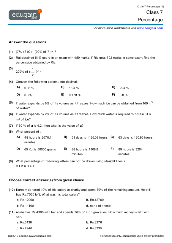 Grade 7 Math Worksheets And Problems  Percentage