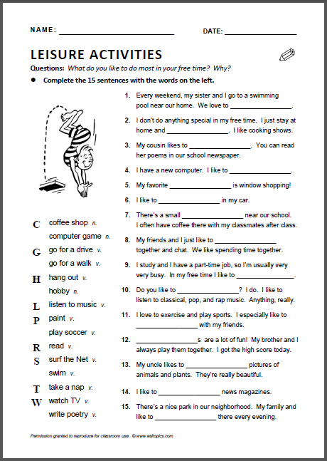 Leisure (relaxing) Activities Worksheet
