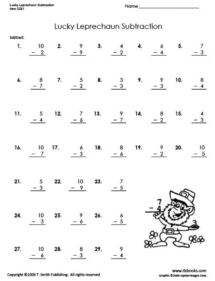 Lucky Leprechaun Subtraction Worksheet 1