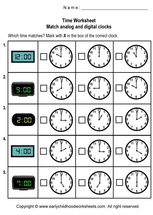 Matching Digital And Analog Clocks Worksheets