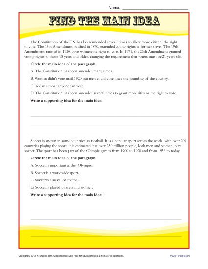 Middle School Main Idea Reading Passage Worksheet